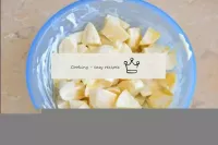 Cut the peeled potatoes into large pieces and plac...