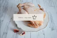Stuff the chicken with slices of red oranges and s...