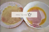 Dip each piece of chipped meat first into an egg a...