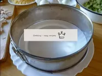 Place cooking rings or split sides from the cake t...