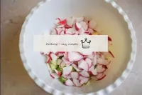 Cut radishes with the same thin quarters. Add it, ...