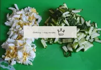 Cut the cucumbers and eggs into thin strips (or ru...