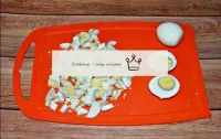 Boil chicken eggs. Cut the boiled eggs into a medi...