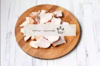 Clean the smoked breast from skin and bones and cu...