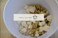 In a salad bowl, combine chopped chicken meat and ...