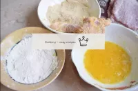 Roll each piece of meat in flour, then dip in an e...