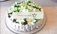 Den Kuchen mit Blumen bedecken. ...