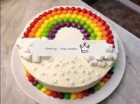 用奶油覆盖蛋糕的顶部和侧面。在上菜前, 先装饰蛋糕. 将彩虹和裙子放在蛋糕的圆圈上，然后从迷你的ma...