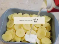 Pour cream over the potatoes. Try to water the pot...