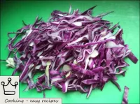 Cabbage is chopped with thin narrow strips. ...