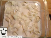 將醋從洋蔥上排出，然後將洋蔥的輪子放在餃子上。將餃子放入烤箱，在200-220°C的溫度下烘烤25-...