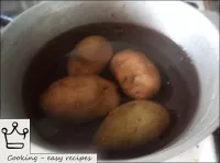 如何將魚在蛋黃醬下的烤箱中烘烤：將土豆沖洗，倒入冷水，煮沸。用蓋子下的小火煮到制服準備就緒（約20分...