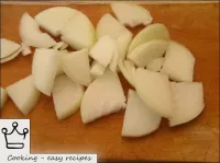 The onions are peeled and cut into wedges. ...