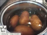 將洗過的土豆塊莖送入水鍋並添加1湯匙鹽。把鍋放在中火上。煮土豆半煮熟，煮沸後10-12分鐘。...