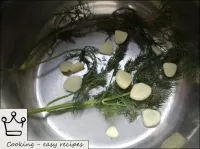 Dill is washed. Part of the greens and garlic is l...
